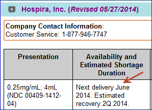 Example of "next delivery:" and "estimated recovery" dates in the column "Availability and Estimated Shortage Duration." 