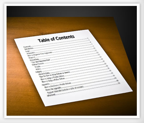 Document labeled Table of Contents on a wooden desk.
