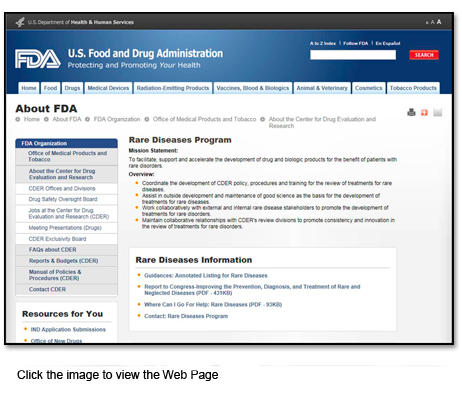 Image of FDA Rare Diseases Program Web page