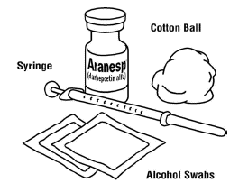 Aranesp vial, with syringe, cotton ball and alcohol swabs