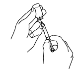 Upside-down vial with syringe inserted into vial.