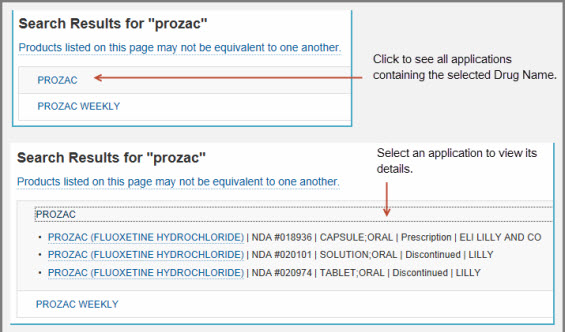 Select a Drug Name from the search results. Then select a specific applicaton number.