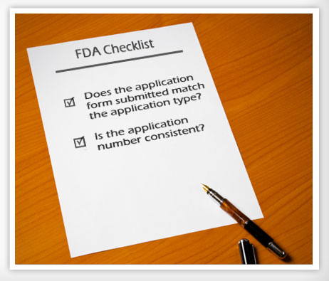 A checklist titled, FDA Checklist, with two items on the checklist: Does the application form submitted match the application type? Is the application number consistent?
