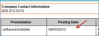 Sample Posting Date column with a date showing the posting date for the announcement of a "drug to be discontinued".