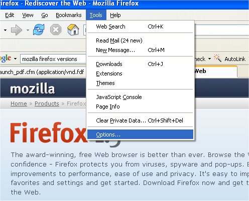Firefox - Tools - Options