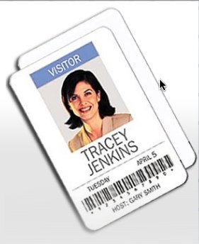 Photo of a visitor pass with the picture of a female and the name Tracy Jenkins.